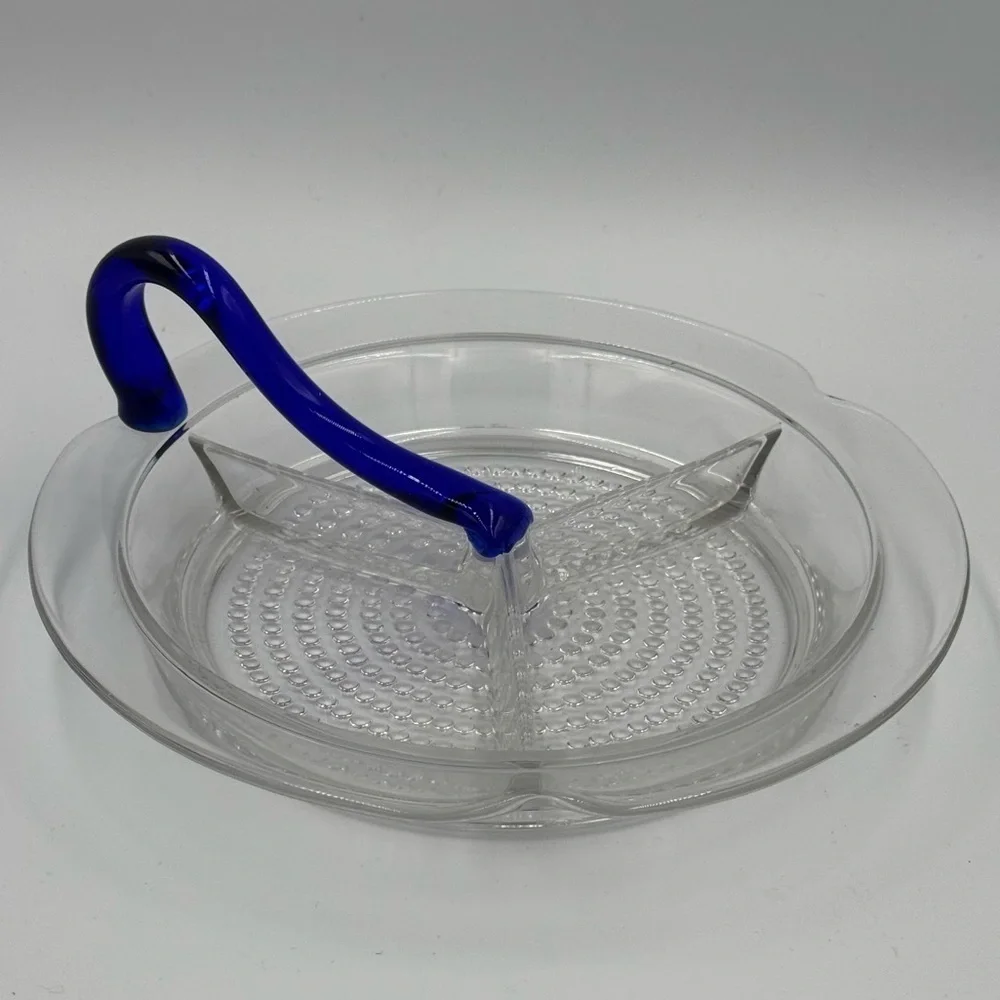Vintage Duncan Miller Glass Teardrop Pattern Relish with Cobalt Blue Handle